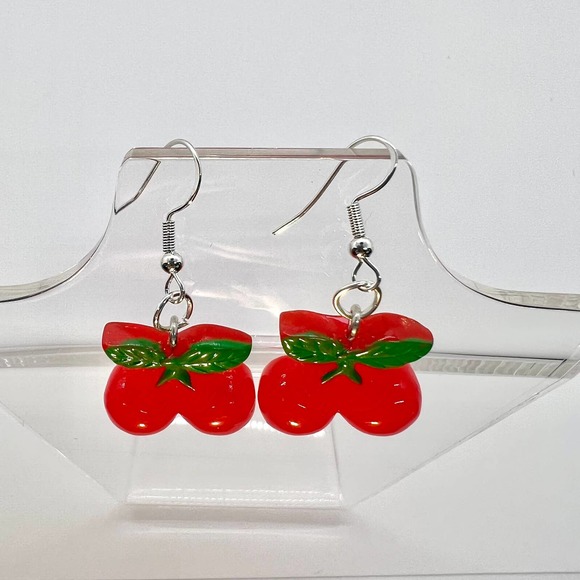 Cherry Earrings - Fruit Earrings - Red Cherries Summer Earrings - Picture 5 of 8